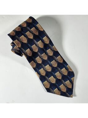Bill Blass Necktie Men's Tie Silk Blue Gold and Grey Geometric Pattern